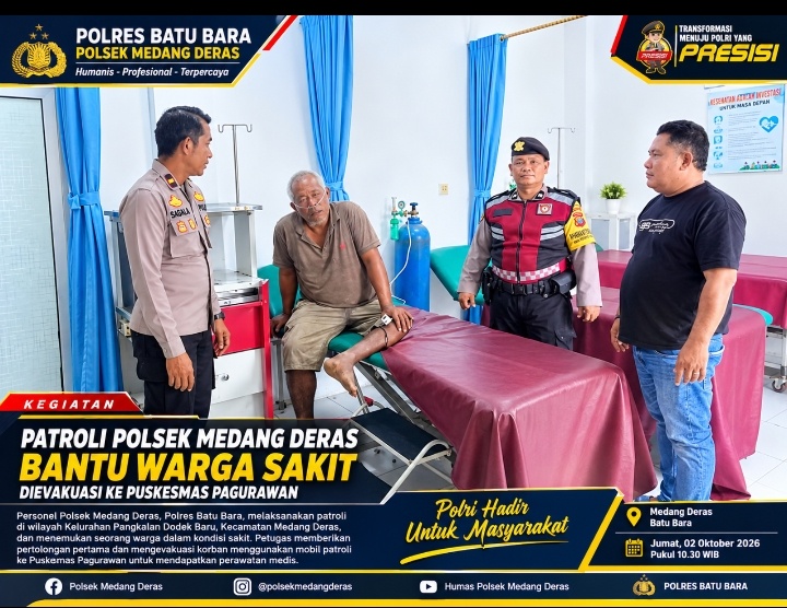 Patroli Polsek Medang Deras Bantu Warga Sakit, Dievakuasi ke Puskesmas Pagurawan
